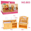 A wooden miniature dollhouse furniture set featuring forest animal figures and accessories.