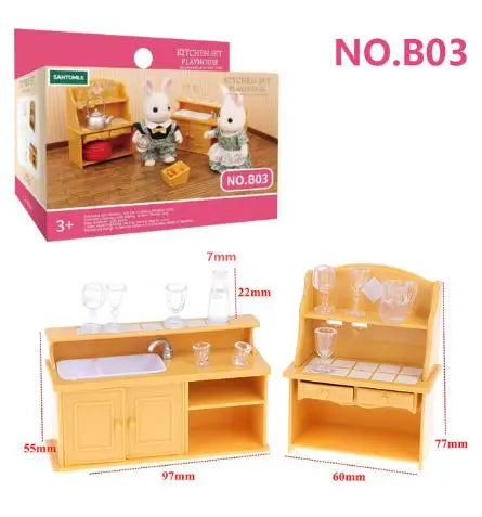 A wooden miniature dollhouse furniture set featuring forest animal figures and accessories.