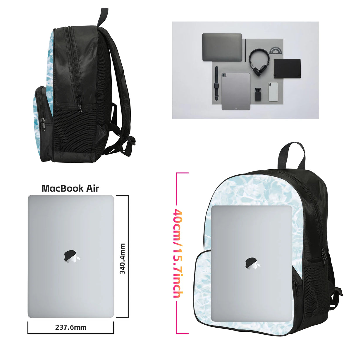 A black backpack and a silver pencil bag set for school or travel.