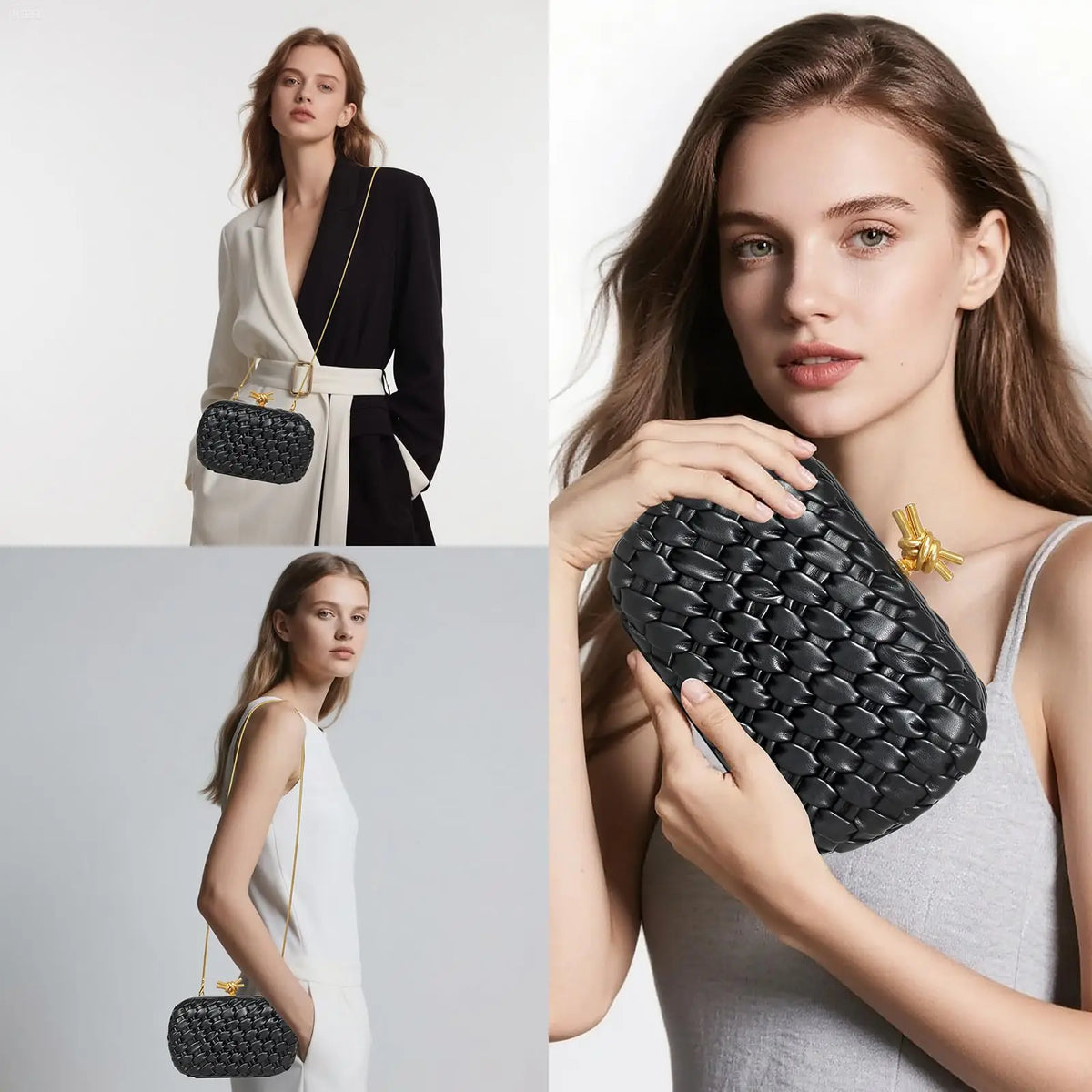 A close-up of a woman holding a black woven clutch bag with a gold chain strap against a light gray background.