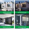 Images showing a silver one-way mirror window film used in daytime and evening settings, both inside and outside.