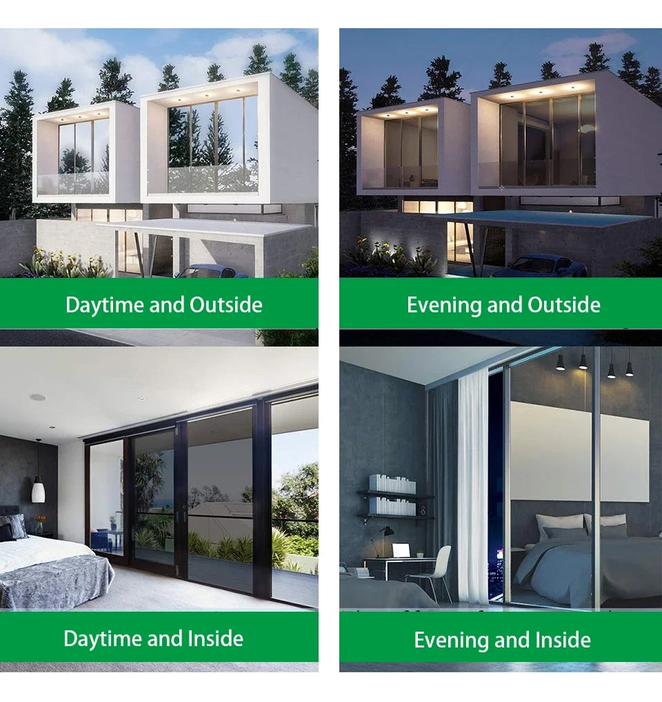 Images showing a silver one-way mirror window film used in daytime and evening settings, both inside and outside.
