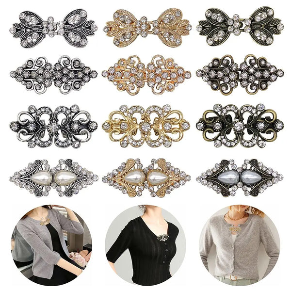 A collection of vintage swirl sweater clips in silver and gold tones for decorating cardigans and shawls.