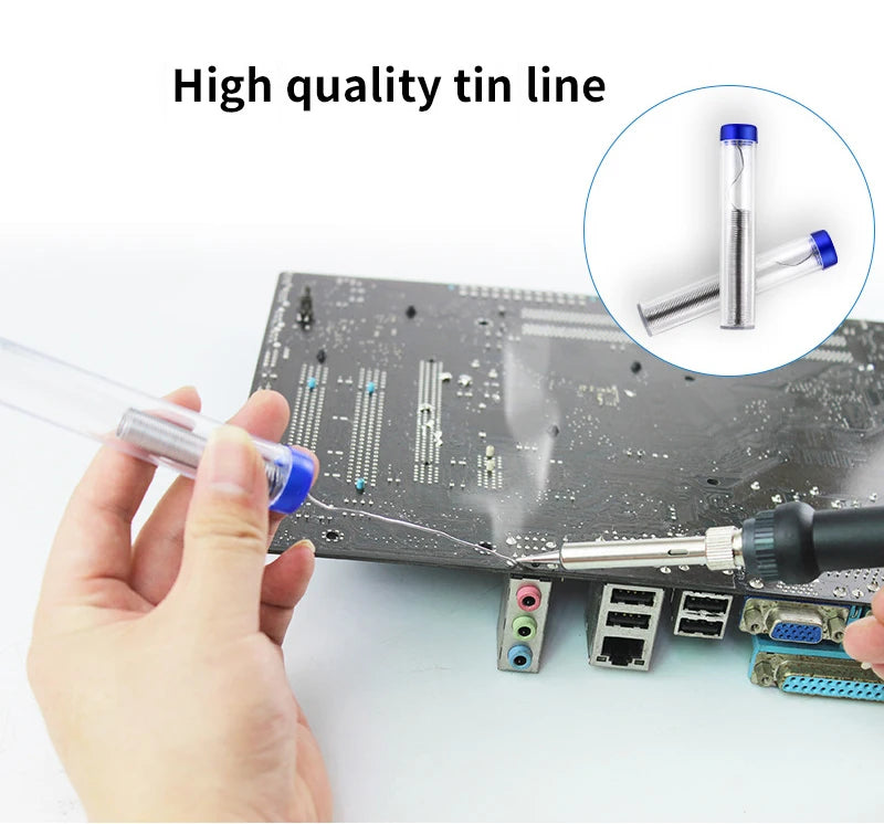 A hand is using a soldering iron to work on a circuit board, with an inset showing a tin line.