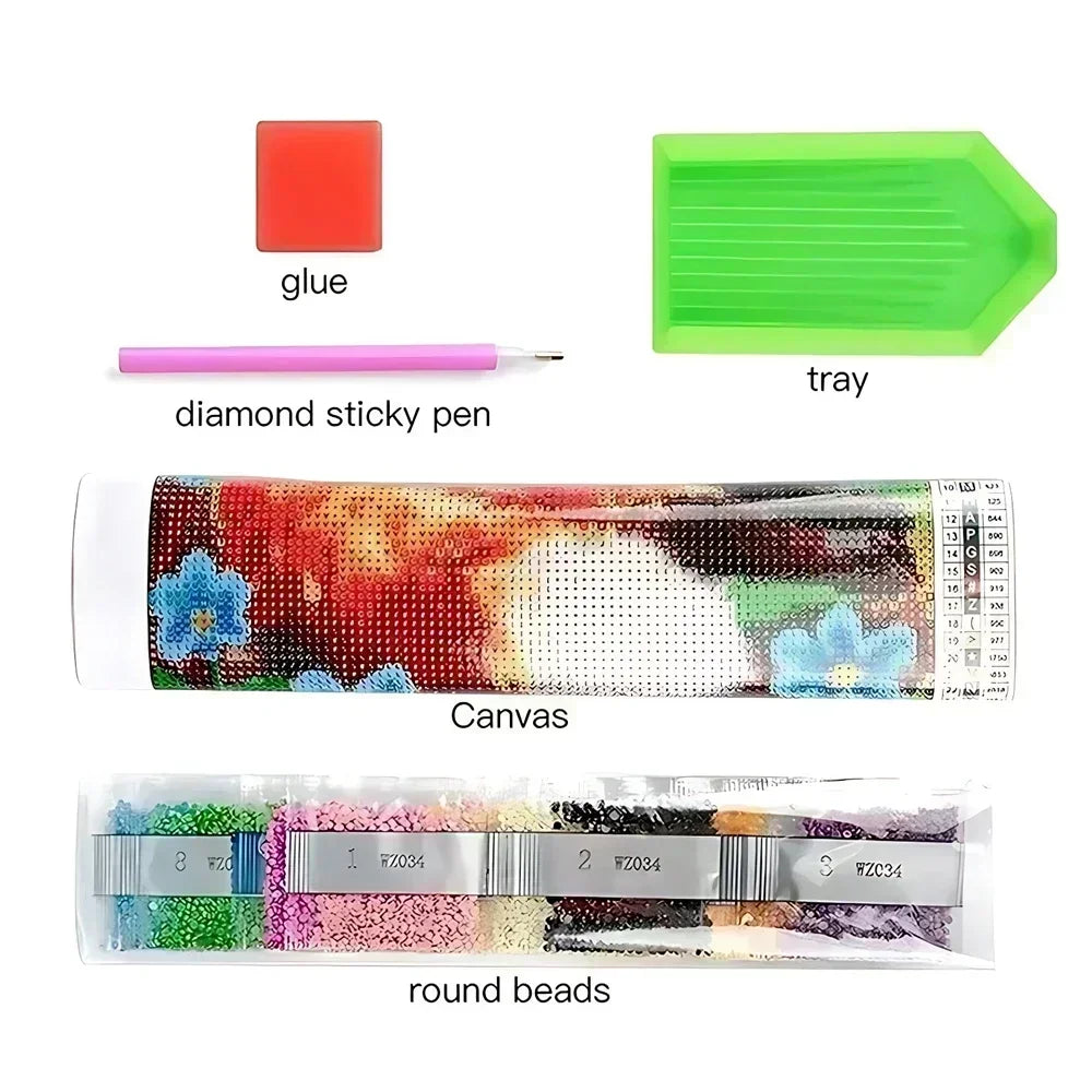 Diamond painting kit components including glue, a tray, a diamond sticky pen, and round beads on canvas