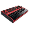 A red AKAI MPK mini MIDI keyboard controller with knobs and drum pads shown from above.