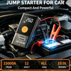 Portable car jump starter device with a digital display and red cables is shown in the engine bay.
