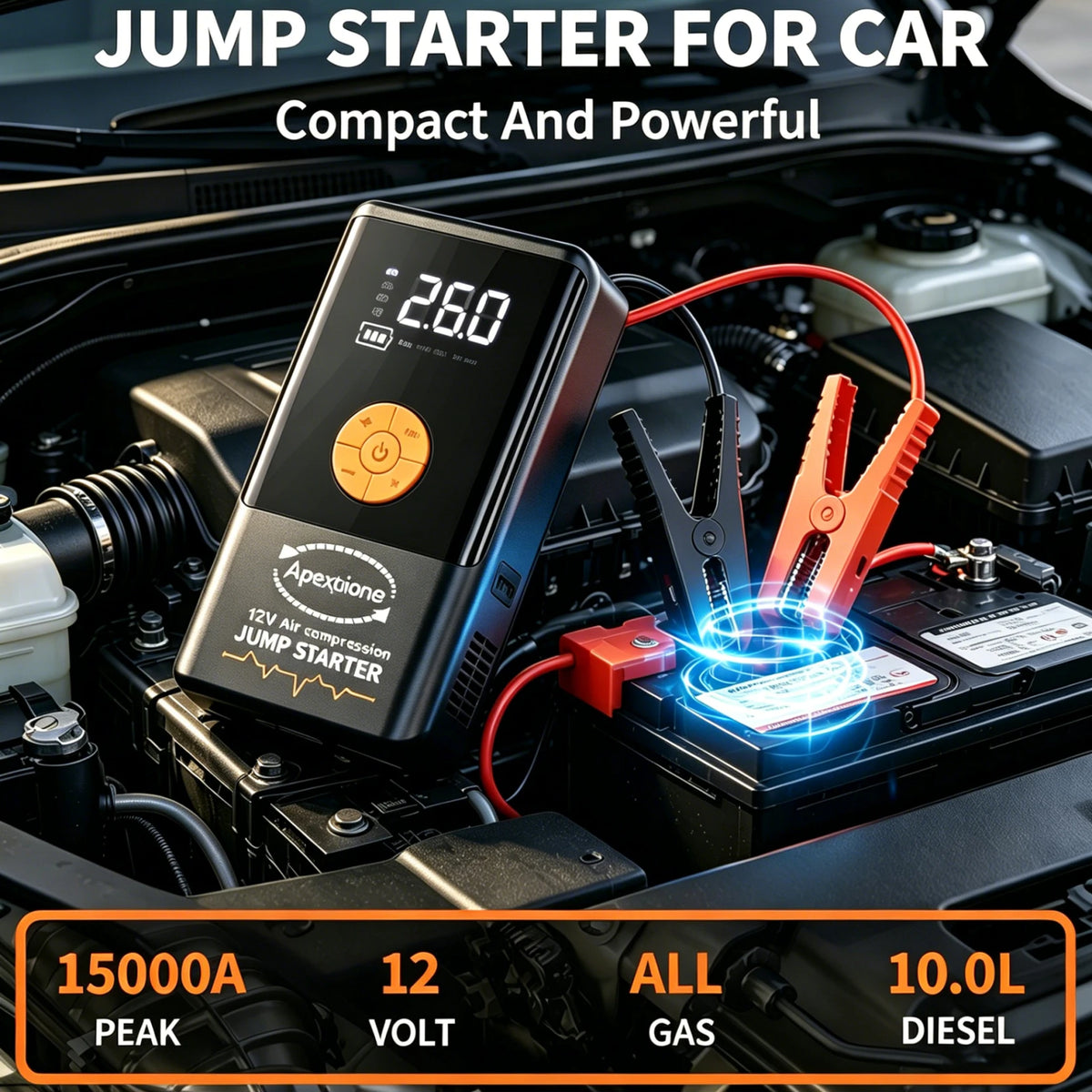 Portable car jump starter device with a digital display and red cables is shown in the engine bay.