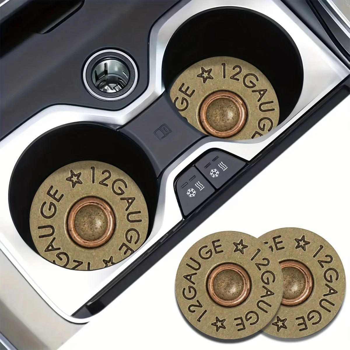 Close-up view of a car cup holder with two absorbent leather mats featuring a star pattern and gauge markings