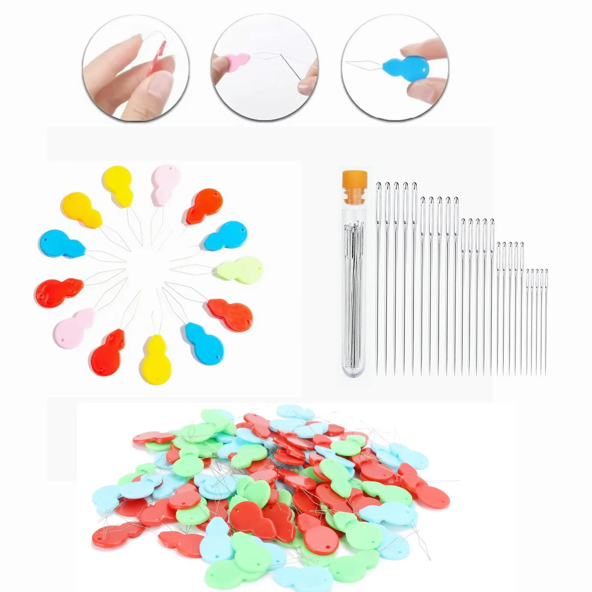 A set of plastic needle threaders and various colored plastic needles for sewing and crafting.