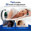 A woman is using a handheld CES sleep aid and relaxation device in both sleep and excitement modes.