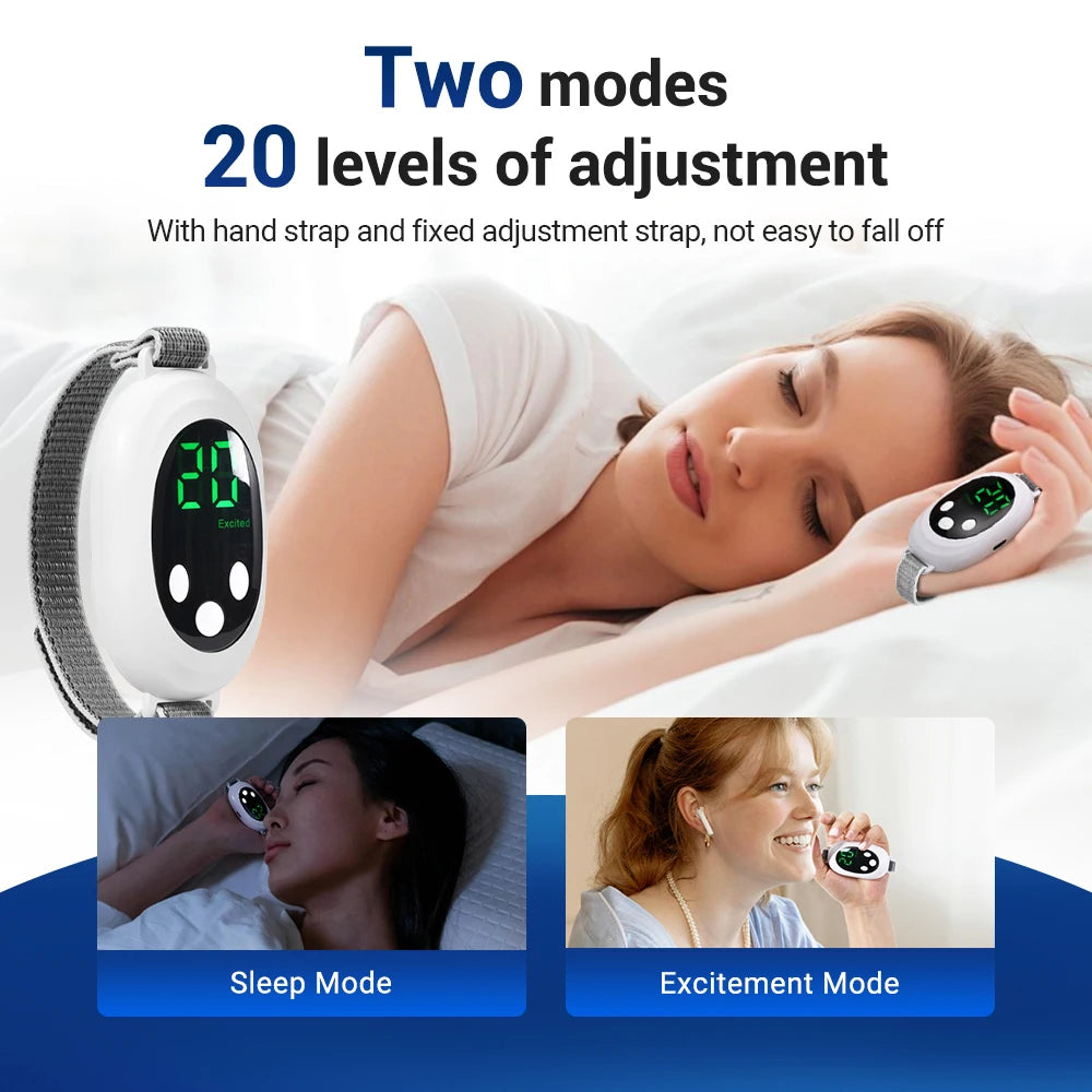 A woman is using a handheld CES sleep aid and relaxation device in both sleep and excitement modes.