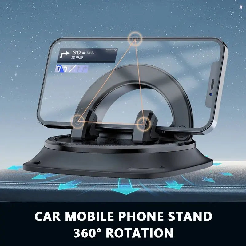 A black 360 degree rotating car mobile phone stand with a silicone base shown on a dashboard.