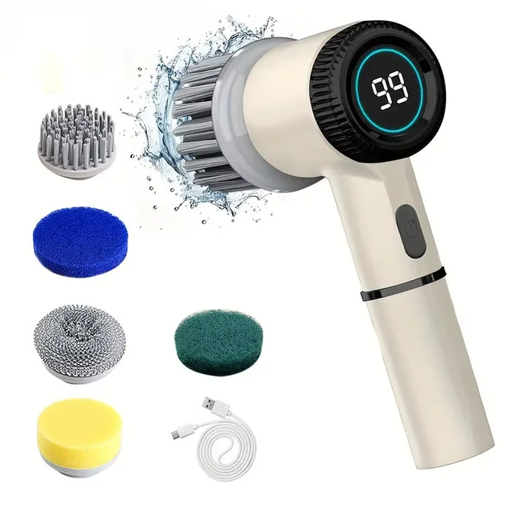 A cordless electric spin scrubber with a main brush head and various interchangeable brush heads shown next to the device.
