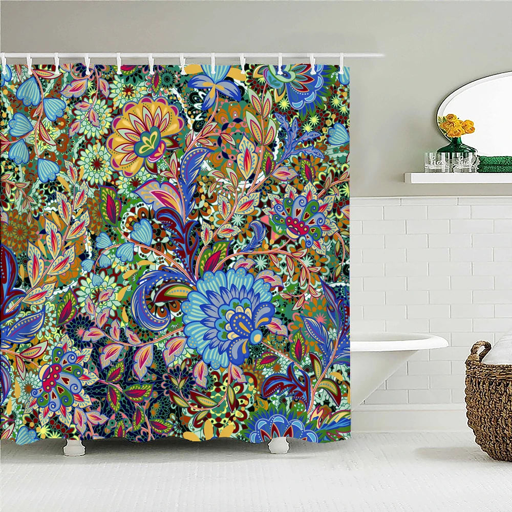 Mandala Boho Shower Curtain with Floral Print
