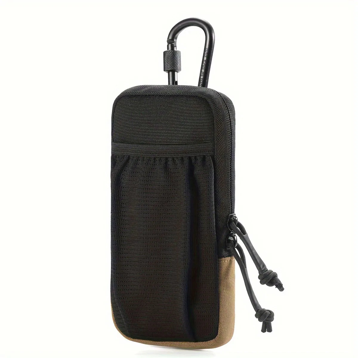 Mochila compacta negra para la cintura exterior con diseño acolchado y detalles en tono canela.
