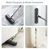 A multi-purpose cleaning tool featuring a scrub brush, squeegee, and long handle used for home scenarios.