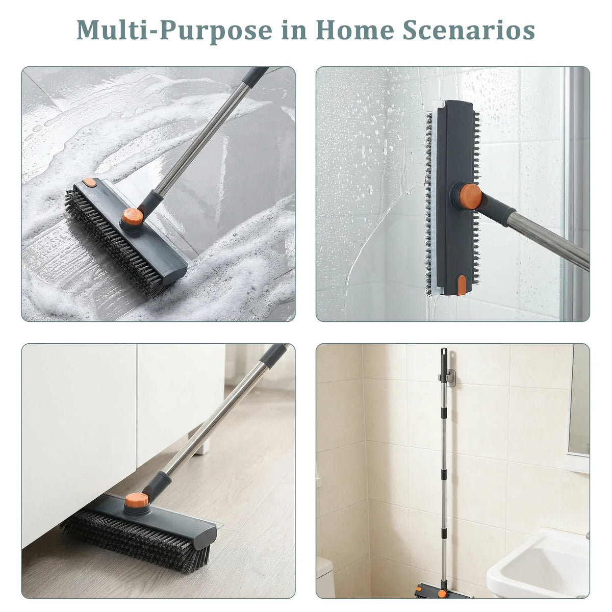 A multi-purpose cleaning tool featuring a scrub brush, squeegee, and long handle used for home scenarios.