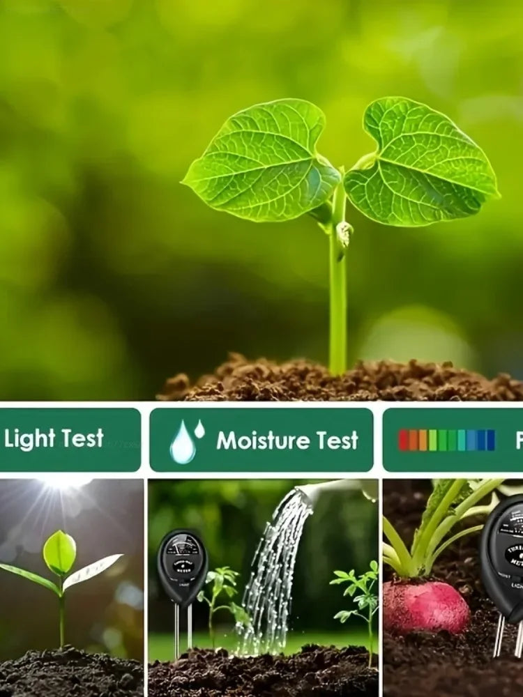 A close-up of a plant seedling growing in soil with three testing tools for light, moisture, and pH.