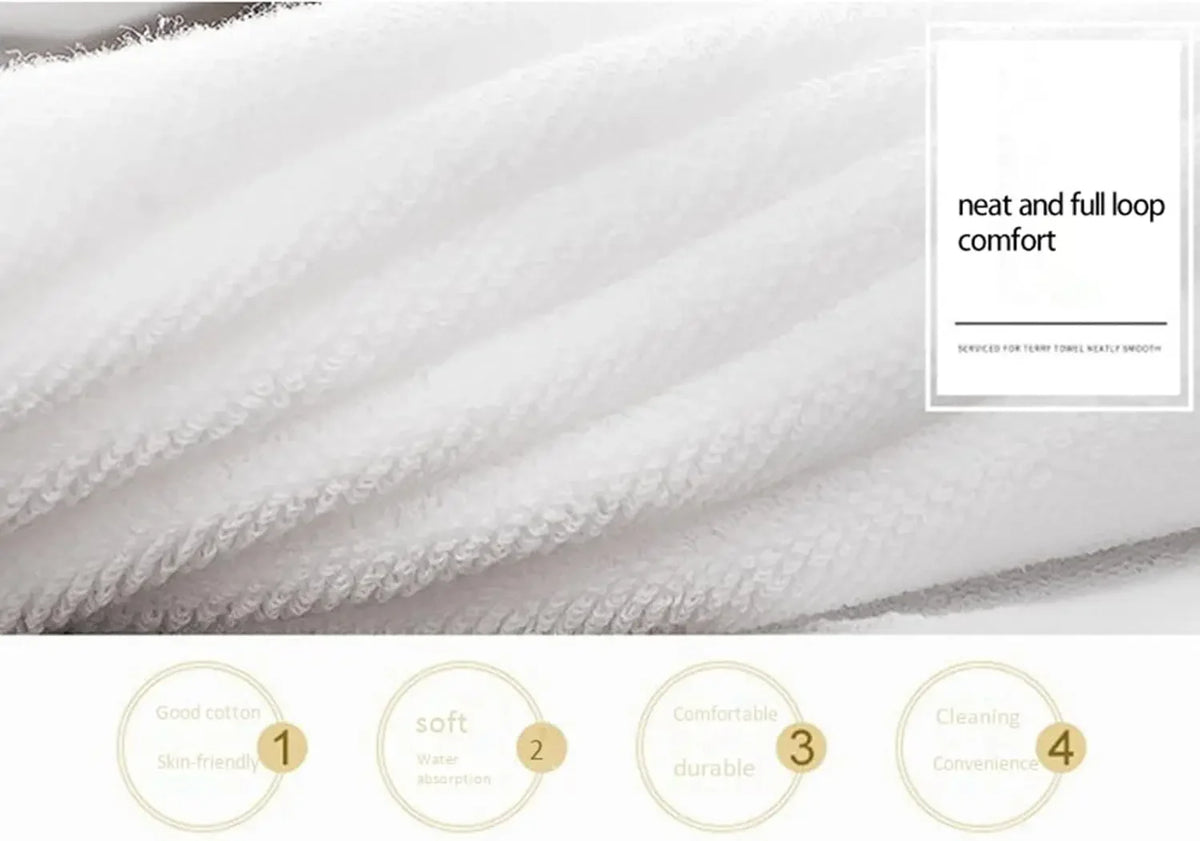 Close-up of a white soft cotton terry cloth face towel showing its texture and loop comfort.