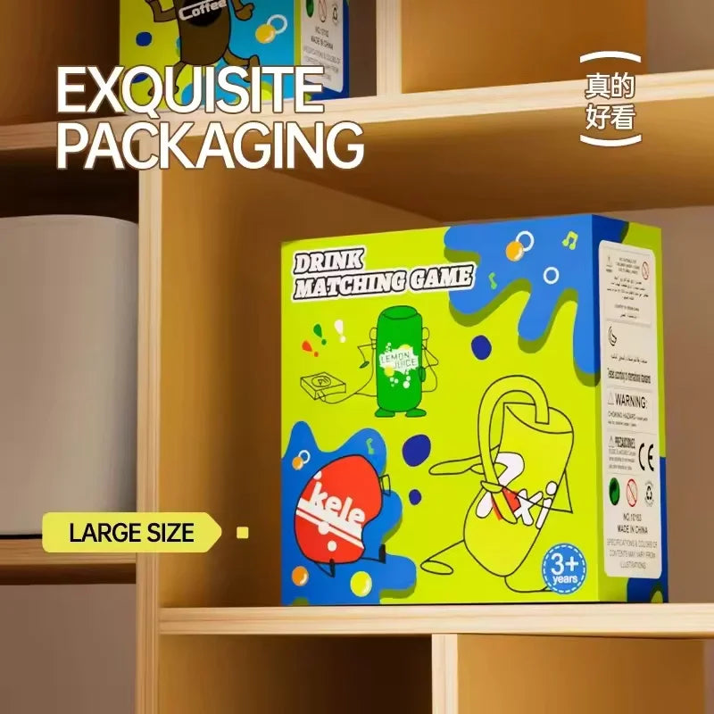 A box of a drink matching game puzzle featuring various colorful liquids and a lime juice bottle in a green container.