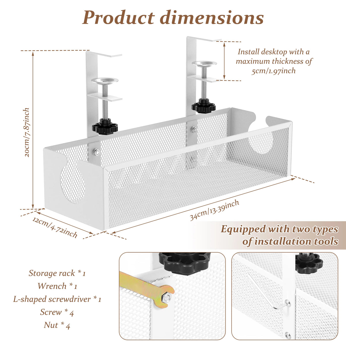 White under desk cable management tray with clamp-on design and installation tools