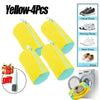 Four yellow reusable shoe laundry bags for casual and running shoes, shown next to a washing machine.
