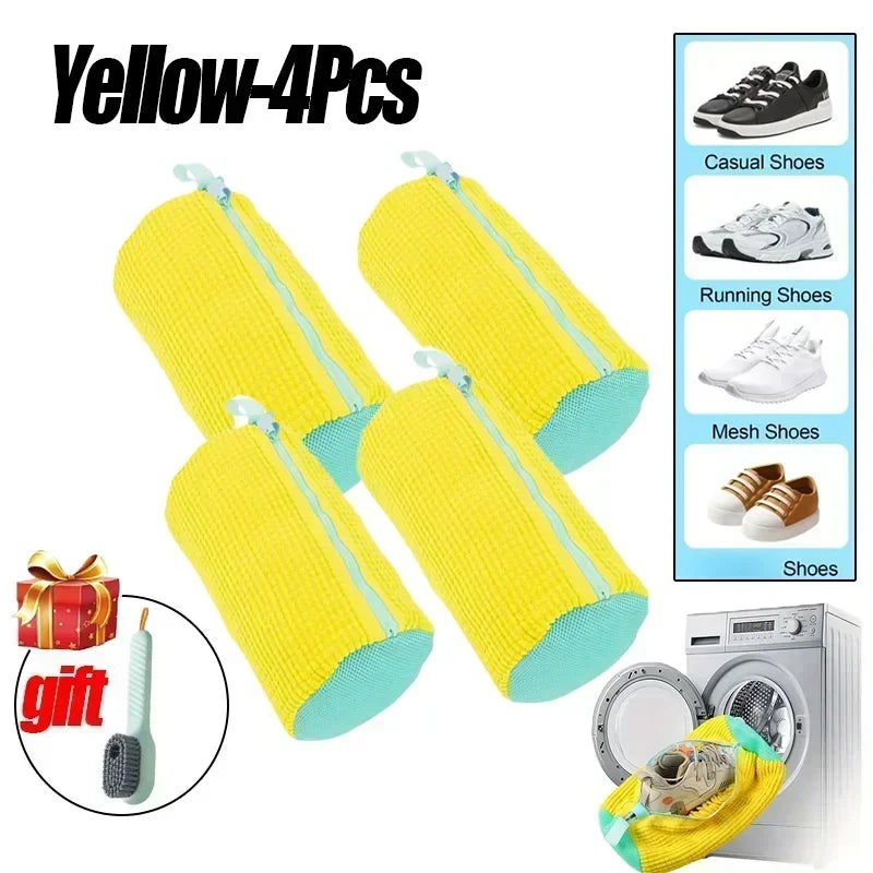 Four yellow reusable shoe laundry bags for casual and running shoes, shown next to a washing machine.