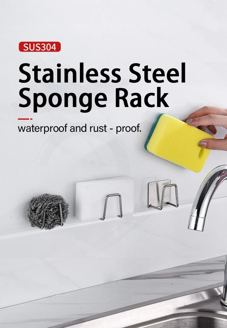 A stainless steel sponge rack holding a yellow sponge placed on a kitchen sink