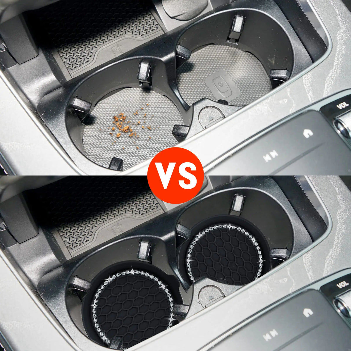 Comparison of two car cup holder coasters, showing a difference in the material or design.