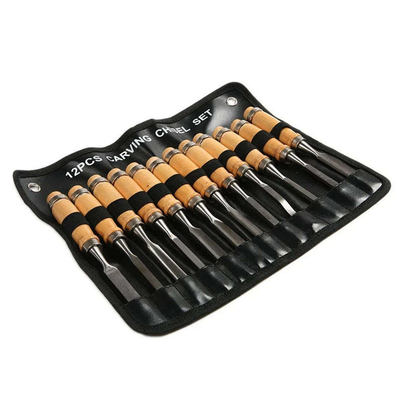 12-Piece Wood Carving Chisel Set with High Carbon Steel Blades