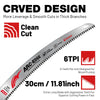 A close-up view of a silver ARC-EDGE 6TPI saw blade designed for wood pruning and cutting.