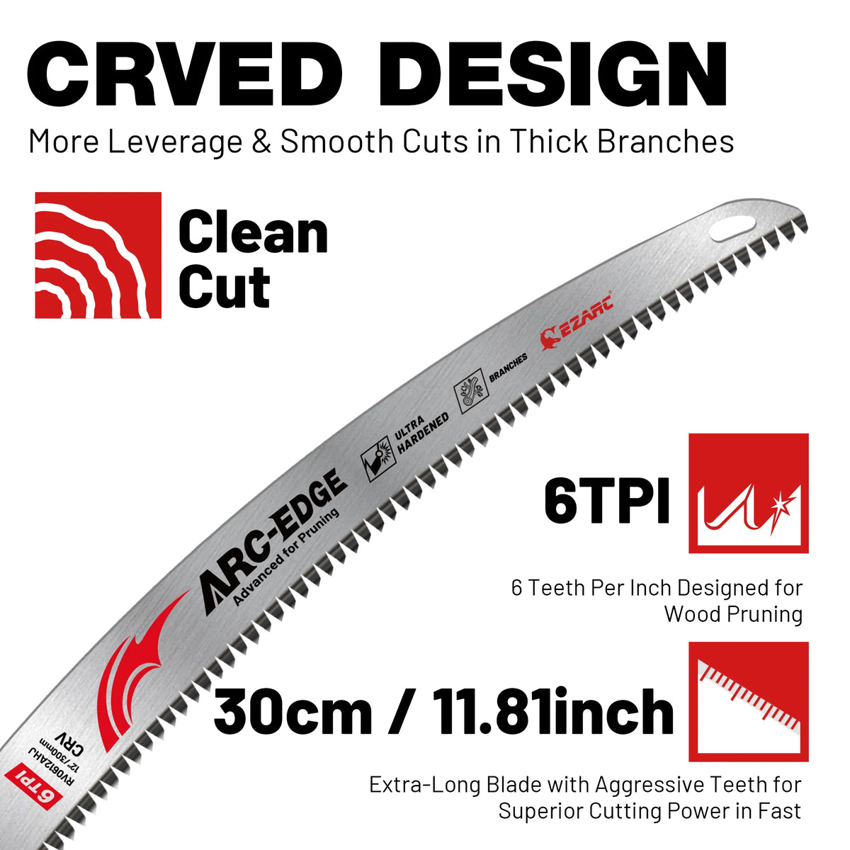 A close-up view of a silver ARC-EDGE 6TPI saw blade designed for wood pruning and cutting.