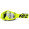 A bright yellow off-road motorcycle goggle with a clear lens and black strap.