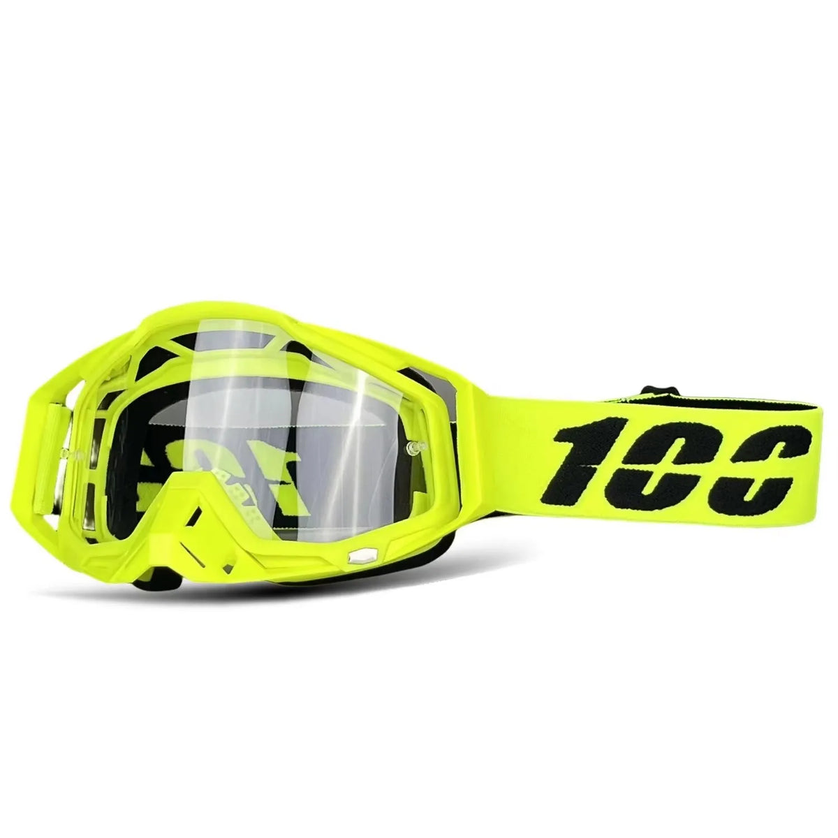 A bright yellow off-road motorcycle goggle with a clear lens and black strap.
