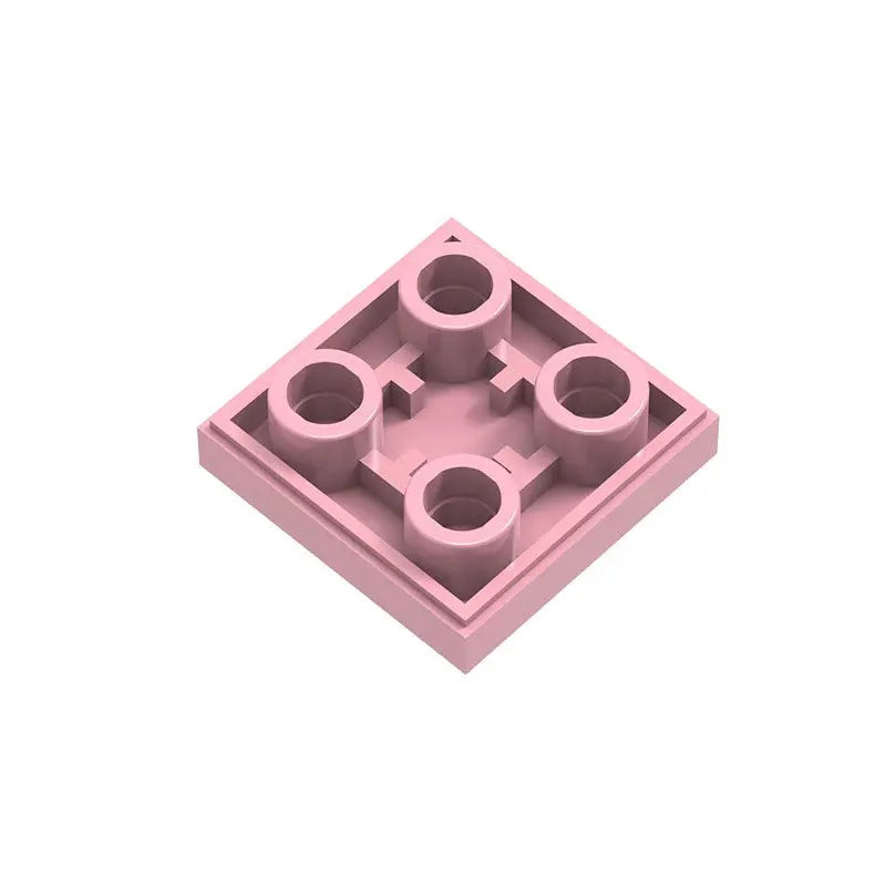 A pink 2x2 reverse light panel for building blocks, featuring four circular light elements.