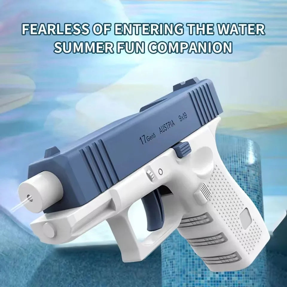 A white and blue water gun is shown against a light blue background, ready for summer fun.