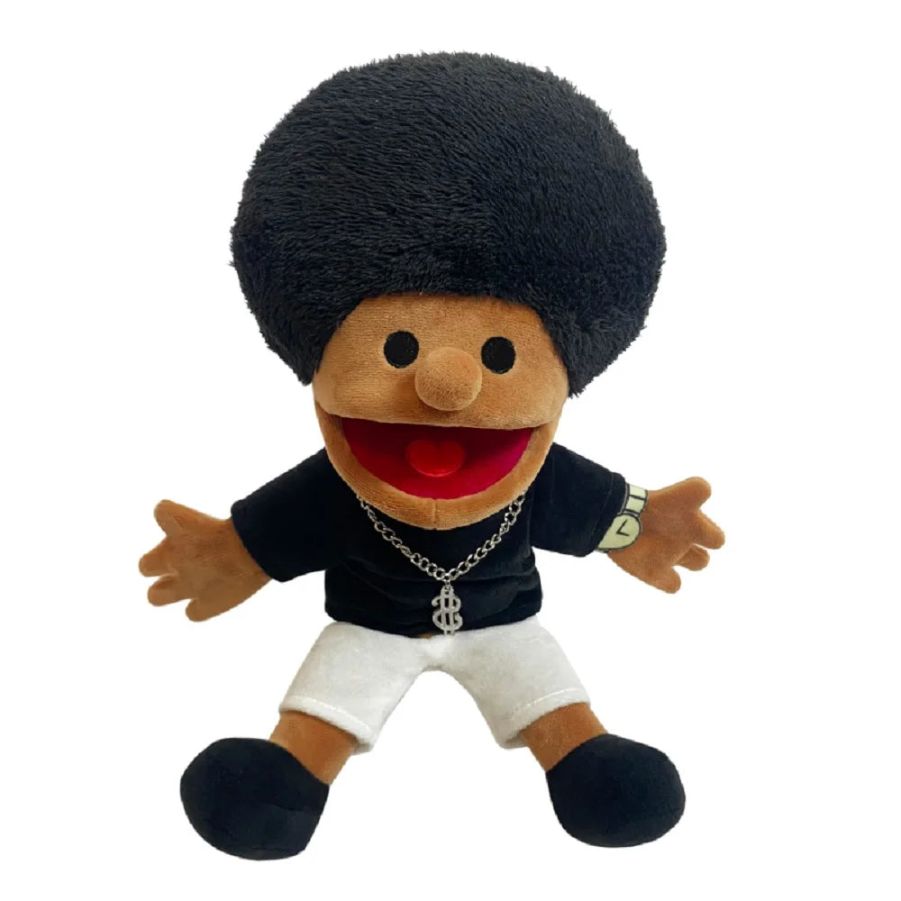 A plush toy of Jeffy, a puppet character with black hair and a smiling face, wearing a black shirt and white shorts.