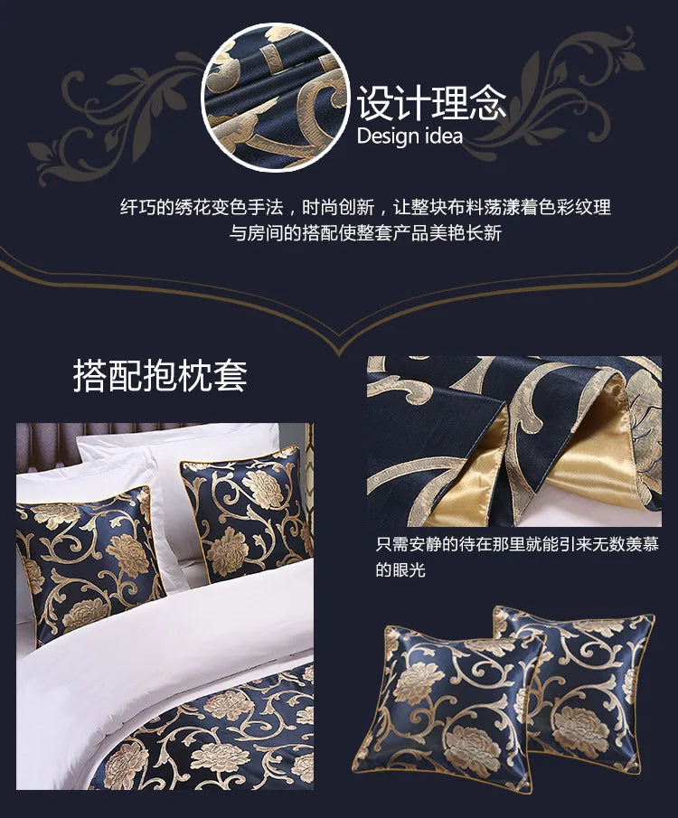 A set of decorative bed runner covers and pillows featuring gold embroidery on dark blue fabric.