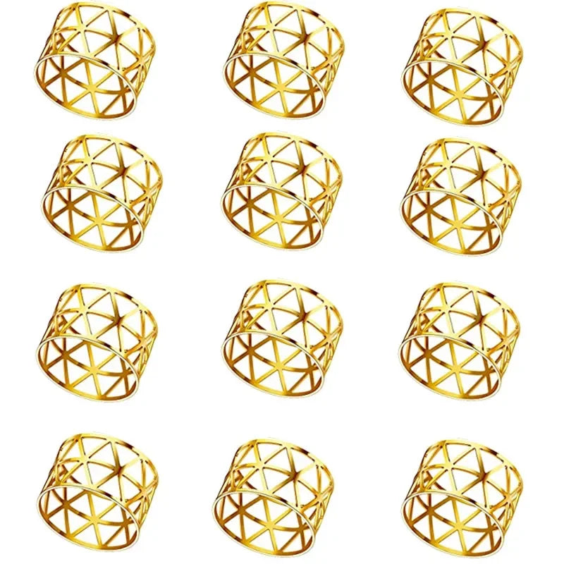 A set of twelve decorative gold metal napkin rings featuring a geometric hollow-out pattern.