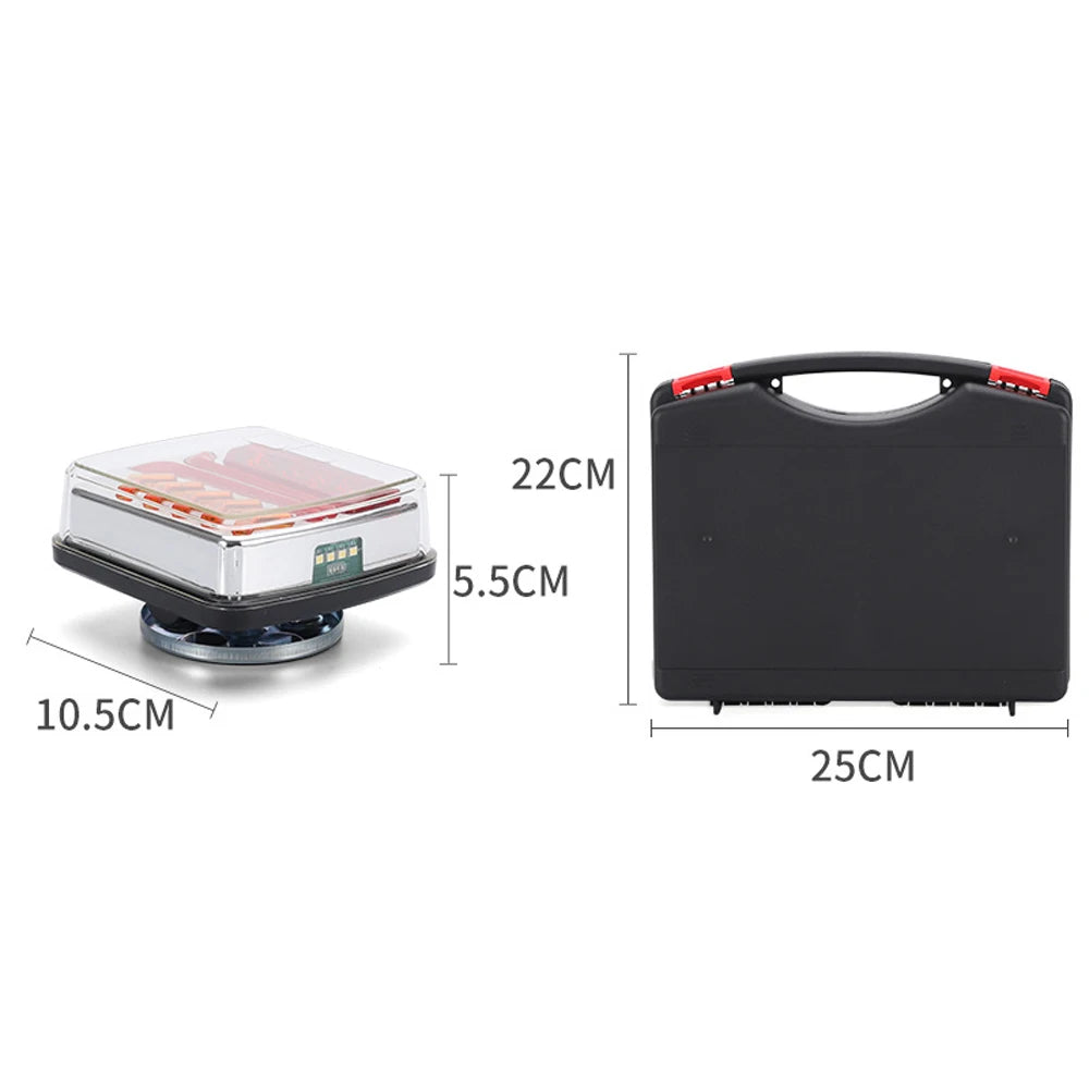 A black magnetic wireless LED trailer light with a handle and rechargeable batteries shown with dimensions.
