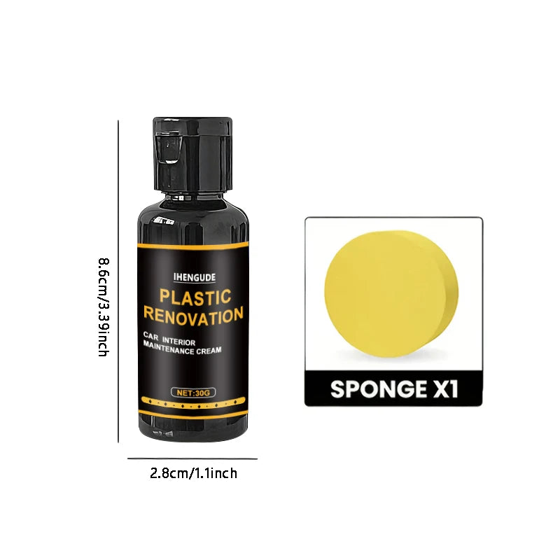 A bottle of ihengude plastic renovation car interior maintenance cream next to a yellow sponge X1