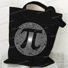 Black canvas tote bag featuring a design of the number 10 formed by mathematical symbols