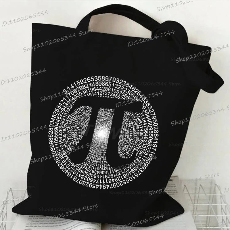 Black canvas tote bag featuring a design of the number 10 formed by mathematical symbols