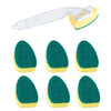 A white dish wand soap dispensing brush with replacement sponge heads shown alongside several green and yellow foam sponges.