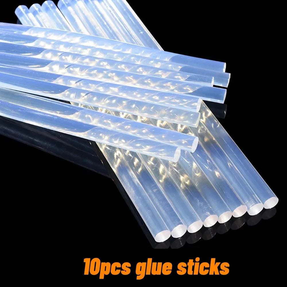 A bundle of 10 glue sticks is shown, arranged in a row on a dark surface.