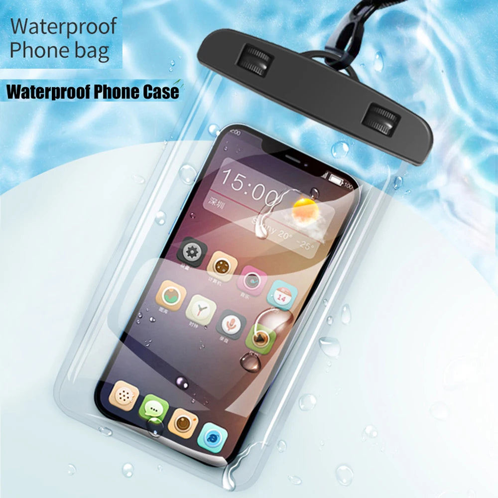 A clear waterproof phone case is shown with a smartphone inside, attached to a black lanyard.