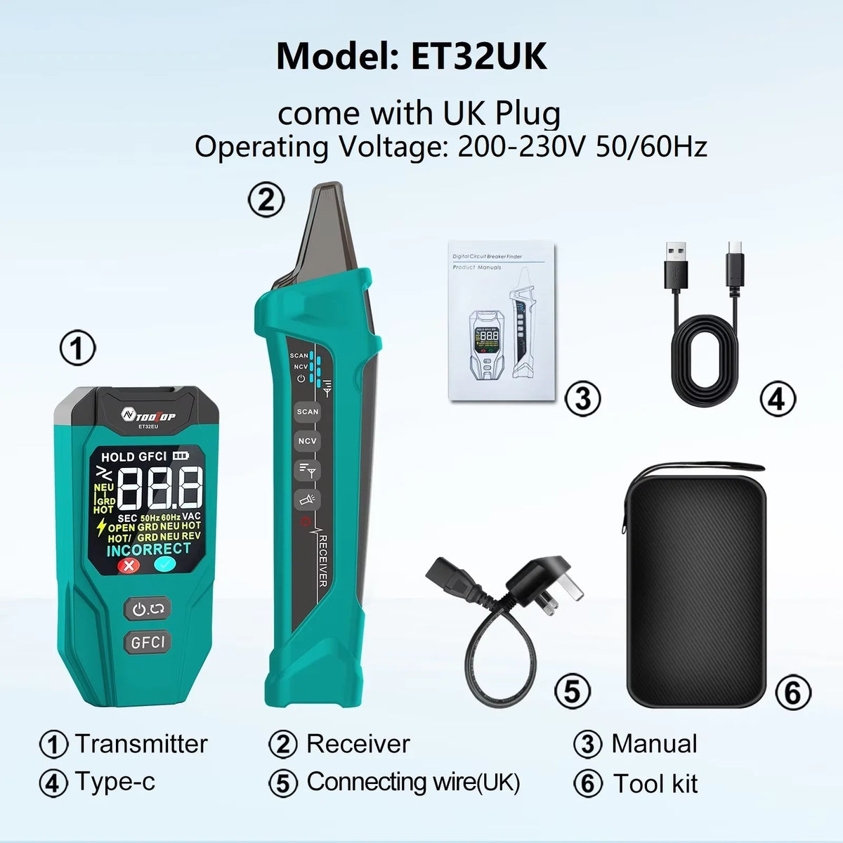 Ensemble d'outils de test électrique comprenant émetteur, récepteur, manuel, fil de connexion et kit d'outils pour trouver de