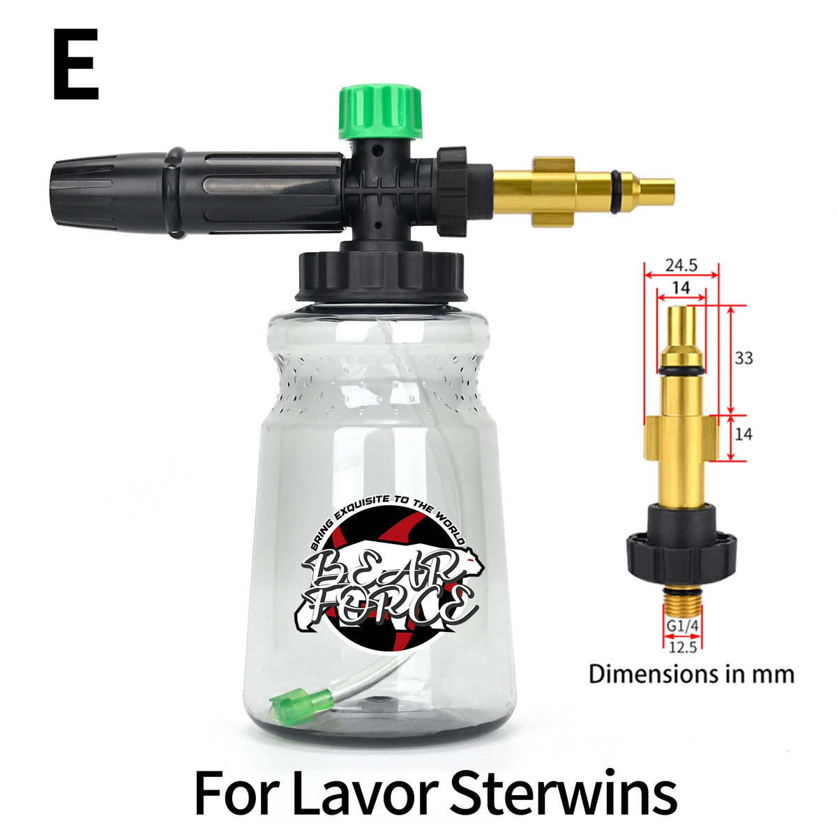 A clear glass bottle with a black foam lance assembly for a labor stirwins pressure washer