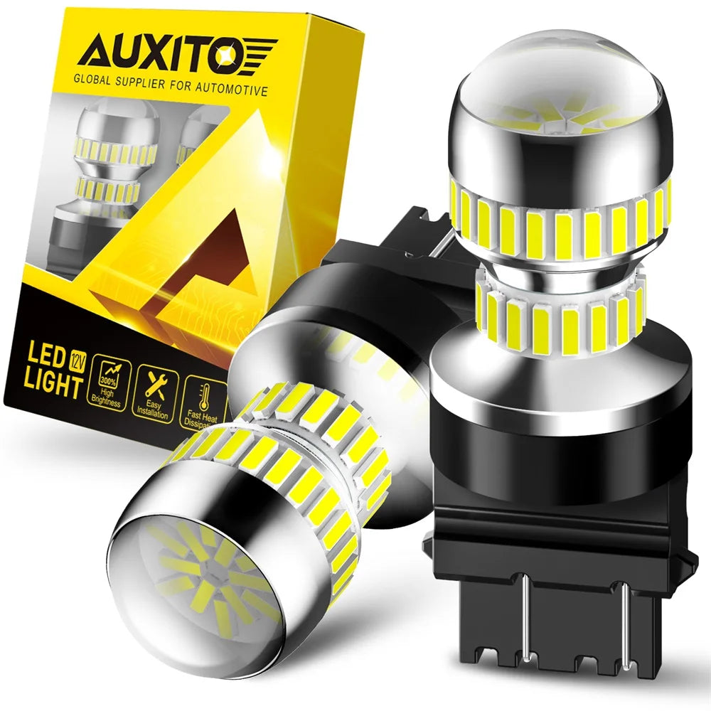 A box and several high-performance 3157 LED bulbs for automotive turn signal, brake, and reverse lights.